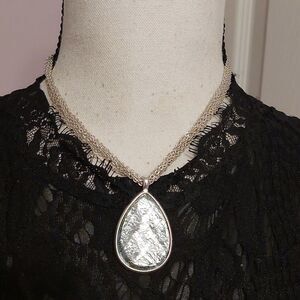 Foiled Teardrop Shaped Pendant Multistrand Silver Tone Necklace